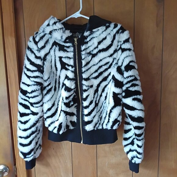 Cello Jeans Zebra Faux Fur Jacket Cropped Hooded Y2K Size M Festival - Picture 3 of 6
